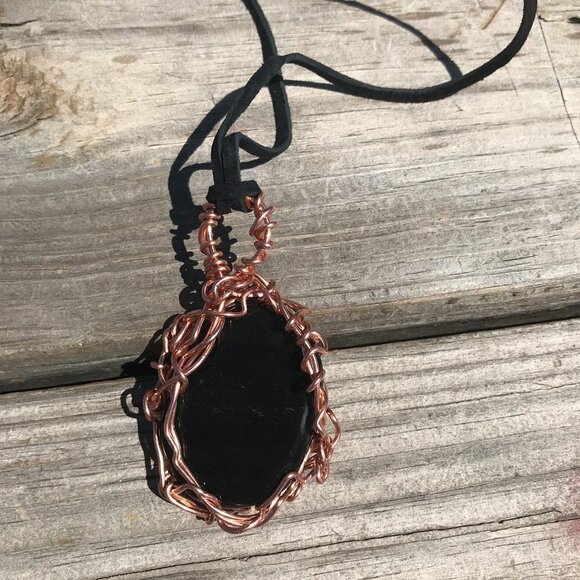 Black Obsidian Solid Copper Pendant Leather Necklace Handmade Artisan Wire Wrap - Picture 8 of 11